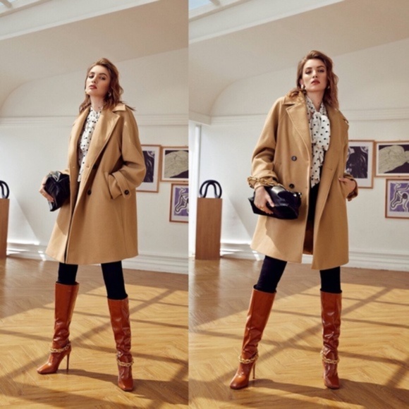 Cozy Camel khaki long trench peacoat tan button Oversized - Picture 3 of 6